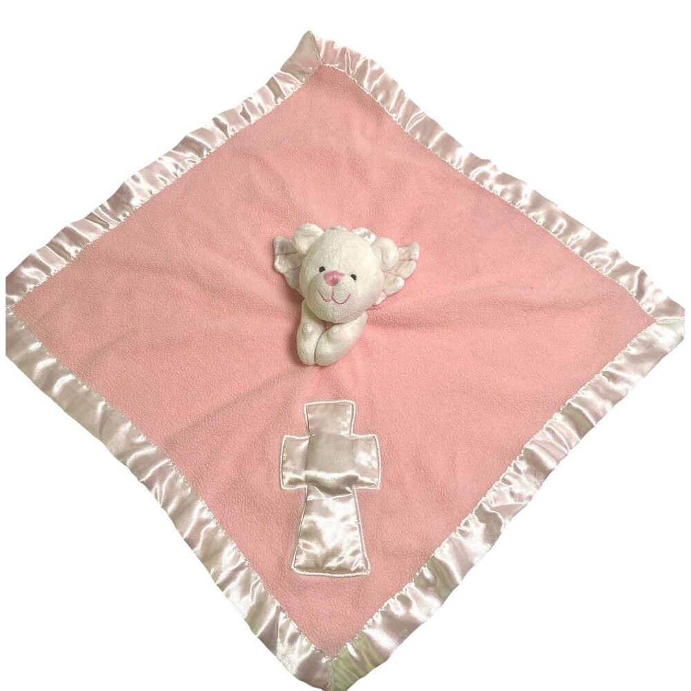 Angel Bear Lovey Prayer Security Blanket Toy Pink Satin Cross Lovie